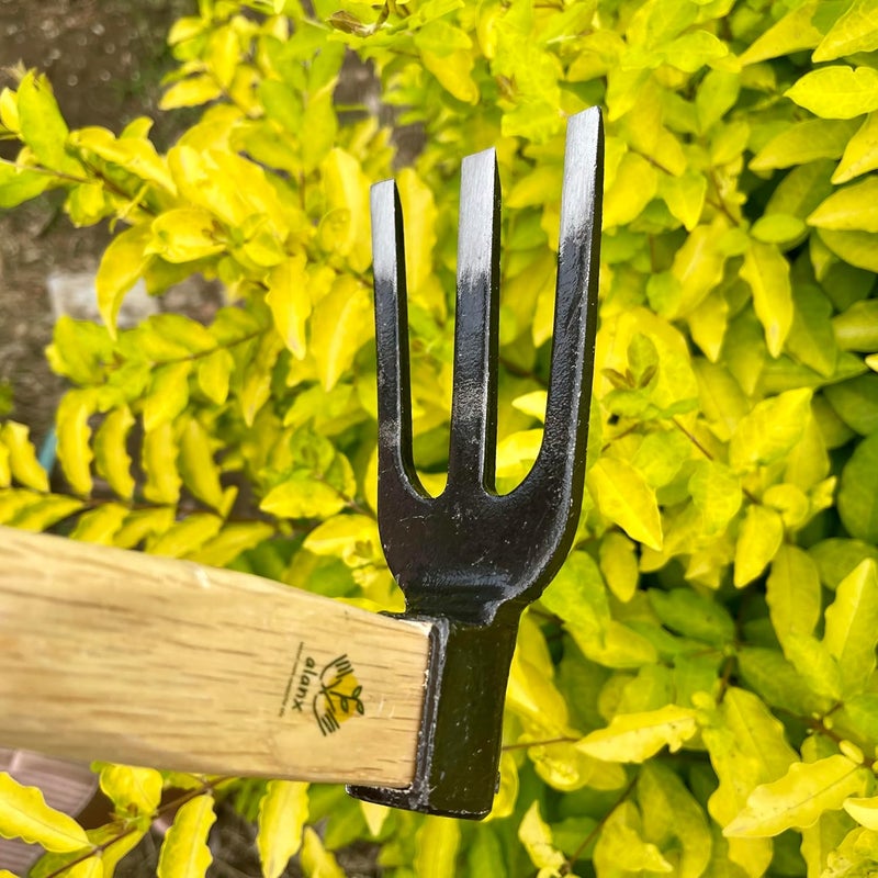 ALANX 14 inch Japanese Hand Tiller/Rake for Garden, 3-tines Cultivator, Without Welding, Oak Handle, for Digging, Soil Preparation, Chopping Through Roots and Hard Soil and Other Gardening tasks - Image 5